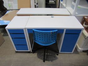 Blue and White Computer Desk (105 x 50cm) with matching four drawer Pedestal