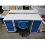 Blue and White Computer Desk (105 x 50cm) with matching four drawer Pedestal