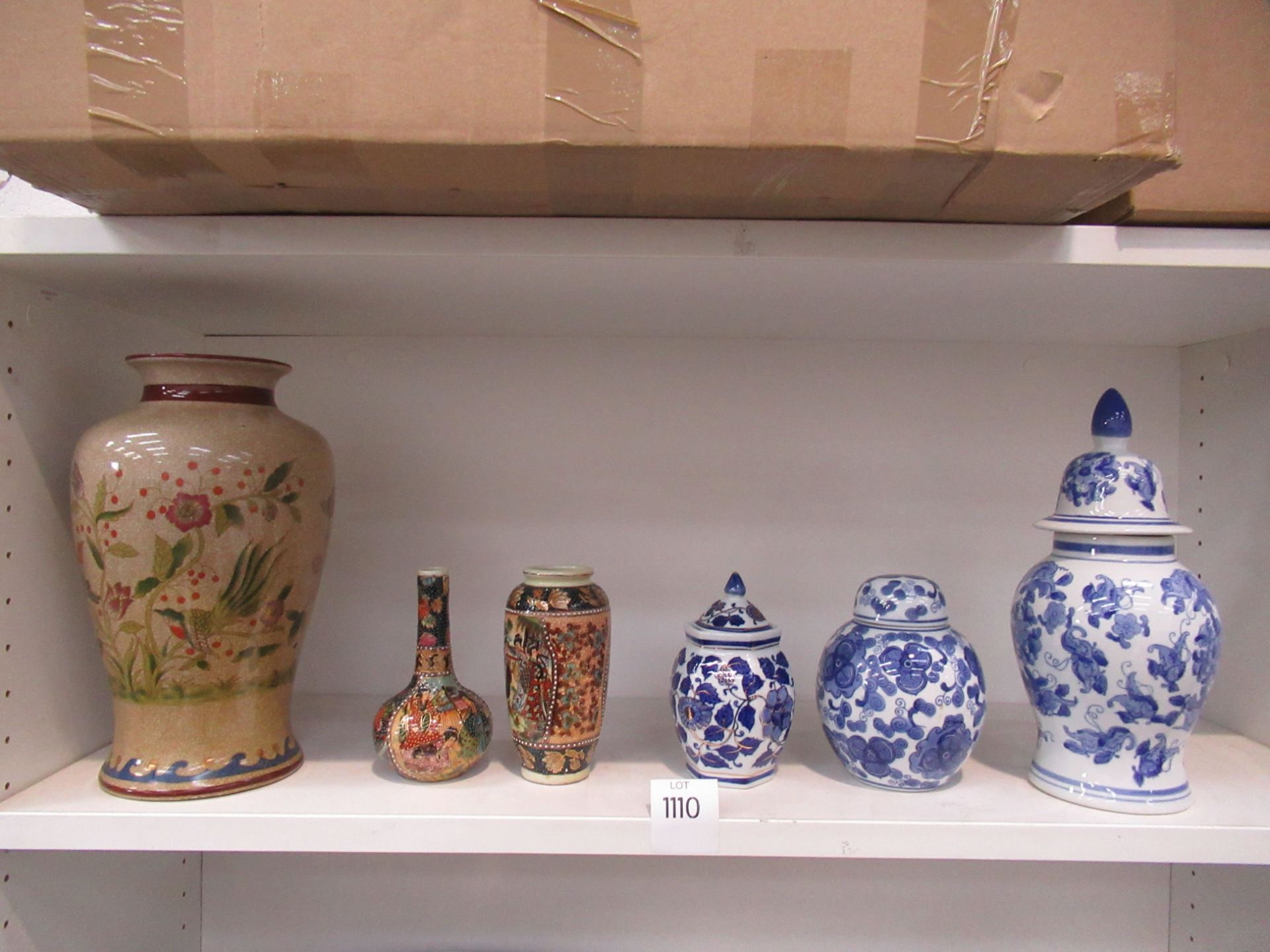 Shelf of Various Porcelain Items including a Vase with painted birds.
