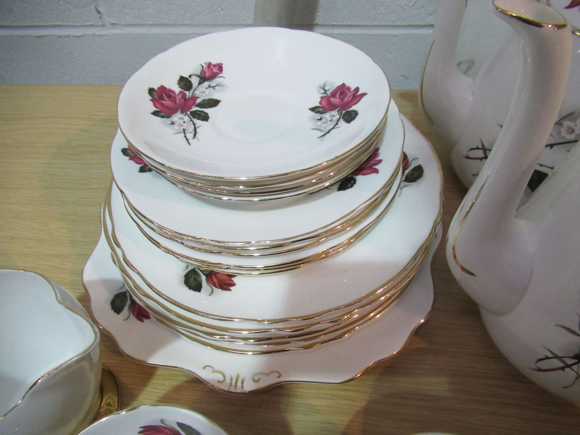 Rose Adorned Tea Service inc. Plates, Teacups, Teapot etc. - Image 2 of 3