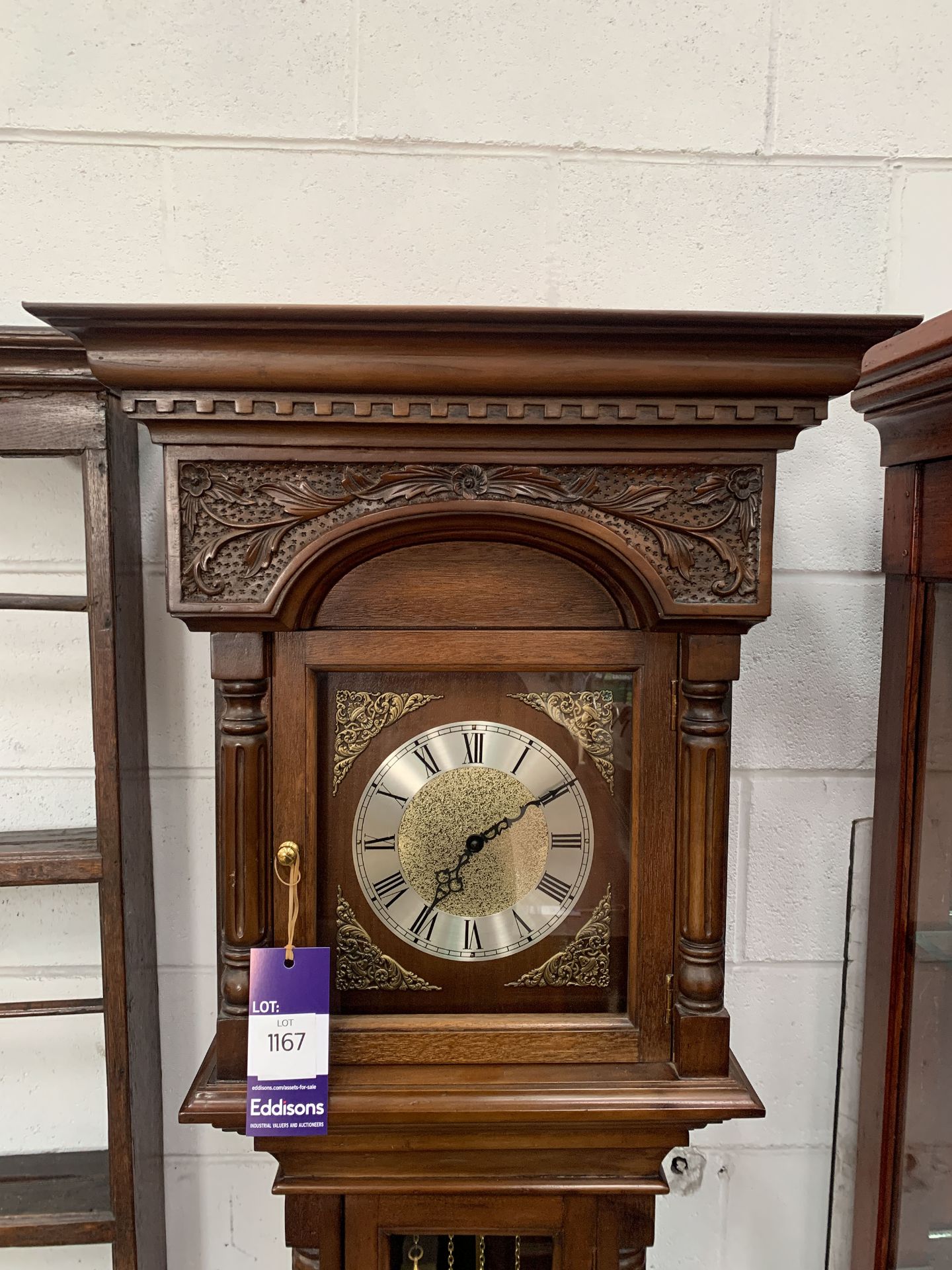 Mahogany Grandfather Clock with Ornate Face Featuring Roman Numerals - Image 2 of 4