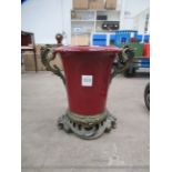 Red Ceramic Urn with Brass Base & Handles