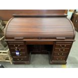 Mahogany Roll Top Twin Pedestal Inlaid Desk