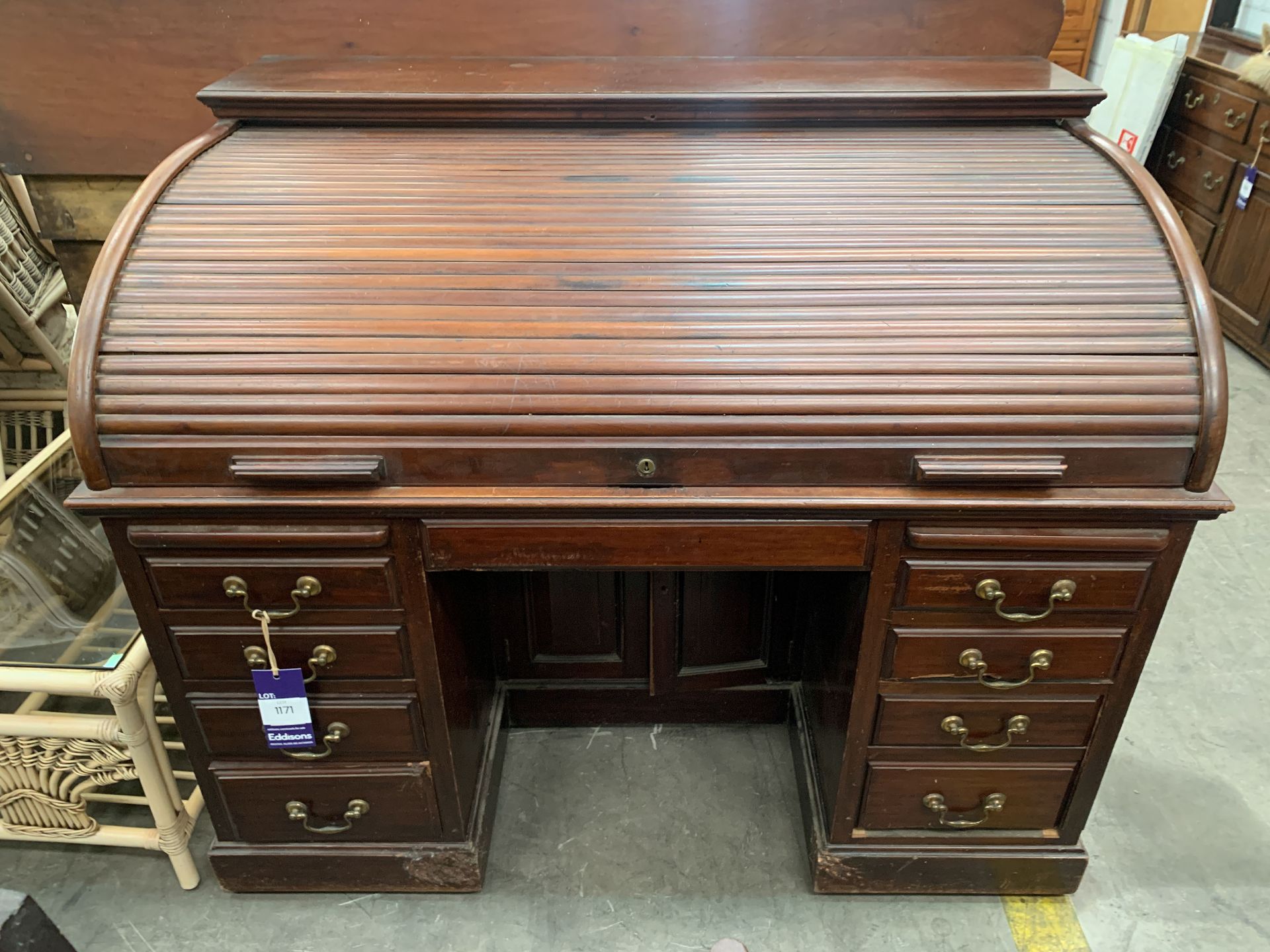 Mahogany Roll Top Twin Pedestal Inlaid Desk