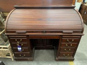 Mahogany Roll Top Twin Pedestal Inlaid Desk