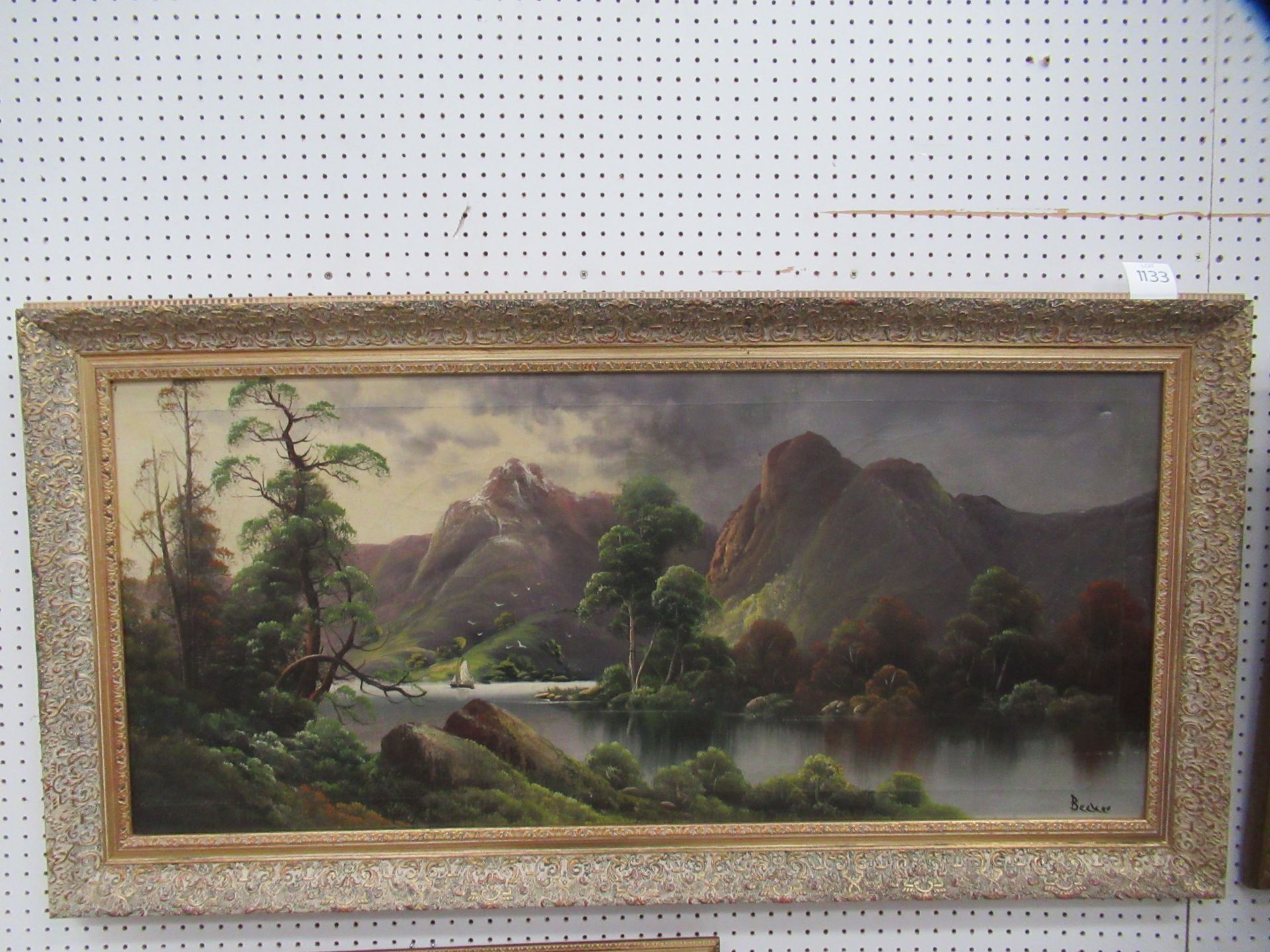 Oil on canvas of Lake and Mountain Scene singed 'Becker' (44 x 100cm)