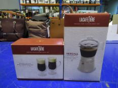 A La Café Tiere Espresso Maker and A Pair of Irish Coffee Glasses