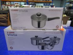 A Selection of Judge Stainless Steel Draining Saucepans - boxed