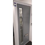 Moondust grey on white Eurocell Newhaven door in white frame, open in, no handle fitted, chrome