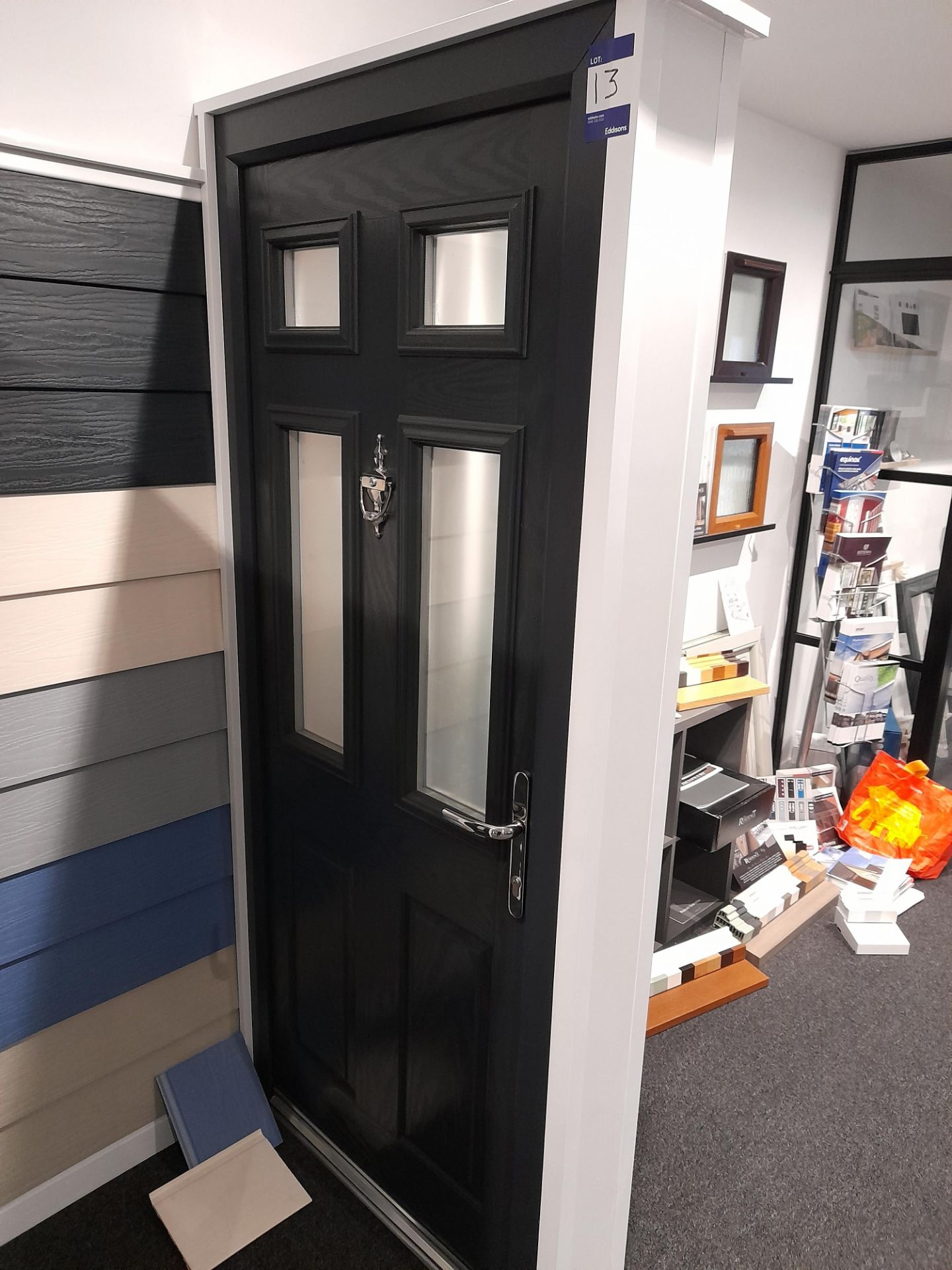 Black on White Eurocell Hathersage door in white frame, open in, chrome handle, letterbox and