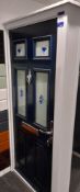Dark blue on white Eurocell Hathersage door in white frame, chrome letterbox, handle, knocker,