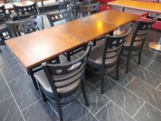 3 x Square wooden tables (Approx. 600mm x 600mm), with 6 x leather effect cushioned wooden chairs