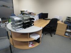 2 x Beech effect desks with 2 x 3 drawer pedestals and 2 storage units