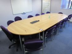 6 part beech effect boardroom table with 14 various upholstered chairs, side unit and table