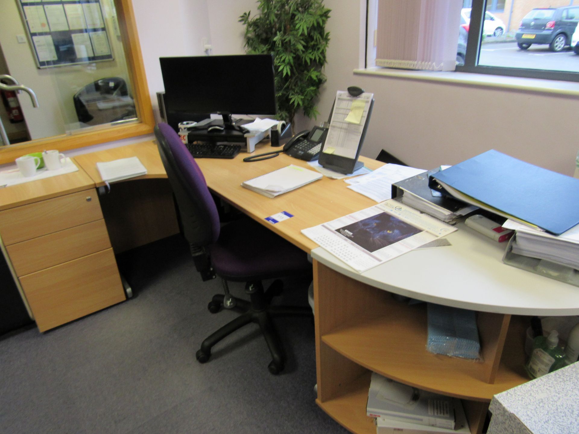 Beech effect left hand radius desk with 3 drawer pedestal and storage unit