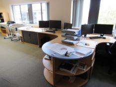 Beech effect 2 person desk cluster comprising 2 desks, 2 tambour fronted units, 2 x 3 drawer