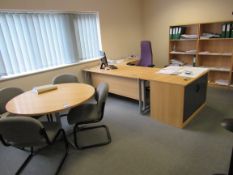 Office furniture to director office to include desk, 3 drawer pedestal, tambour fronted cupboard,