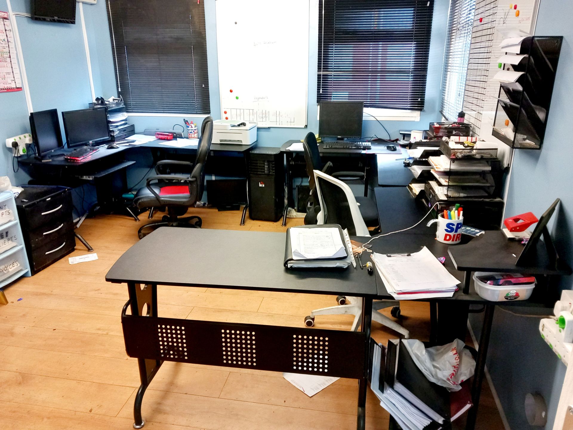 Office furniture to room to include 3 x corner desks, 3 x office chairs, 2 x filing cabinets, 6ft