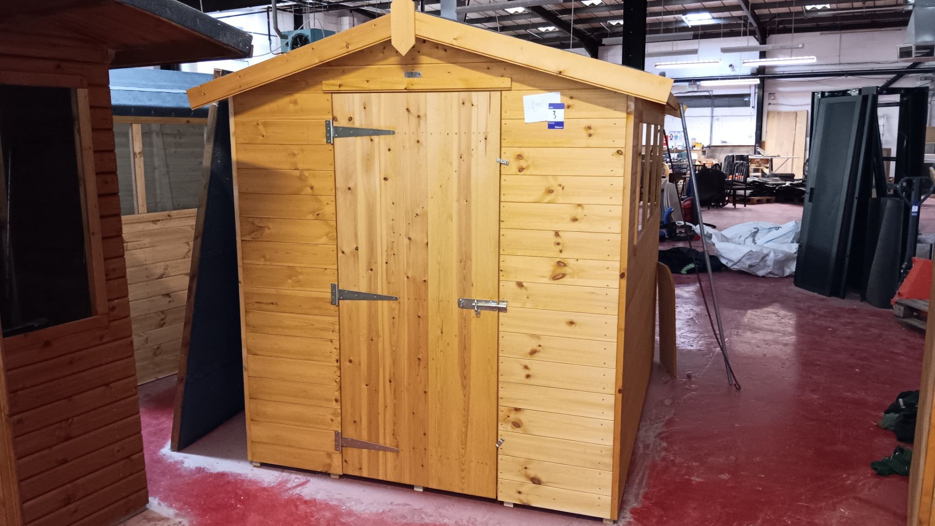 8 x 6 apex shed, Pressure treated battens to base, Door hinged left, 16mm TGV throughout, Pad bolt