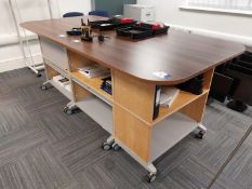 Tall office workstation with shelved storage under