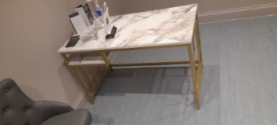 Marble effect straight edge desk with gold effect metal work and shelf under and black mobile