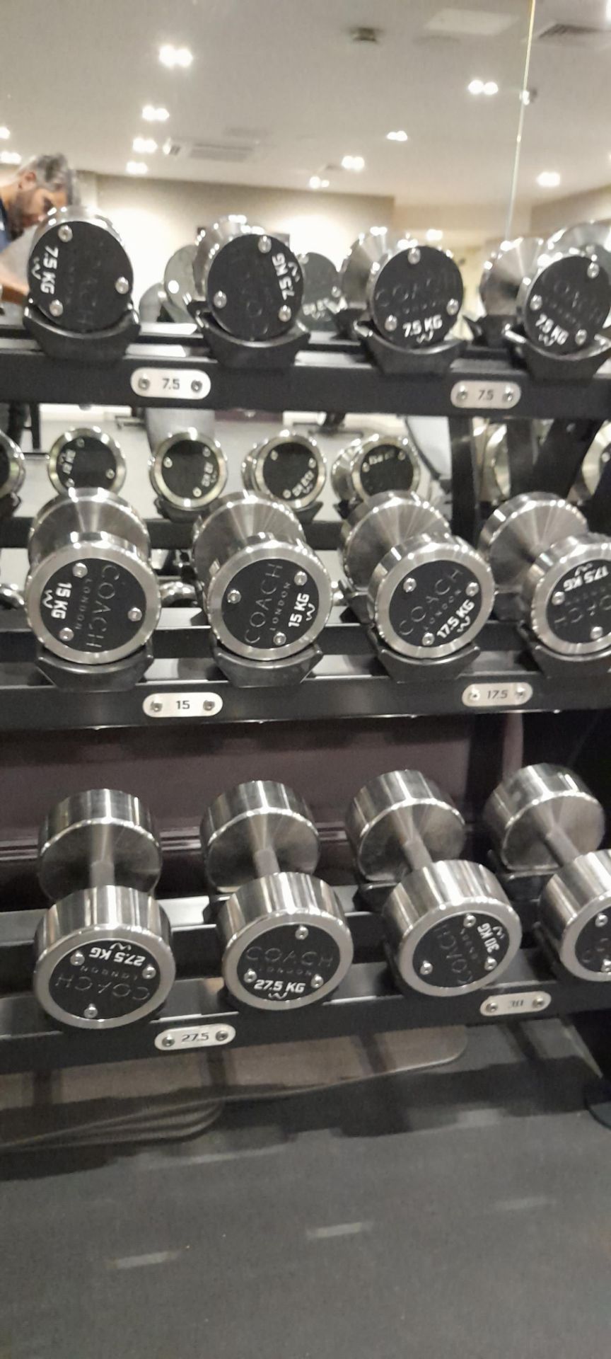 3 Tier steel fabricated dumbbell rack with 15 pairs of dumbbell weights from 2.5kg - 30kg and 3 Tier - Image 4 of 4