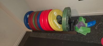 Quantity of Eleiko Barbell weights to floor rack – Located in Basement