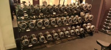 3 Tier steel fabricated dumbbell rack with 15 pairs of dumbbell weights from 2.5kg - 30kg and 3 Tier