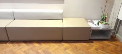 Low back faux leather 2 seater reception sofa, matching puff and square plastic topped magazine