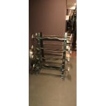 Steel fabricated triangular barbell rack & 8 x barbells (4 straight, 4 bent) Coach branded – Located