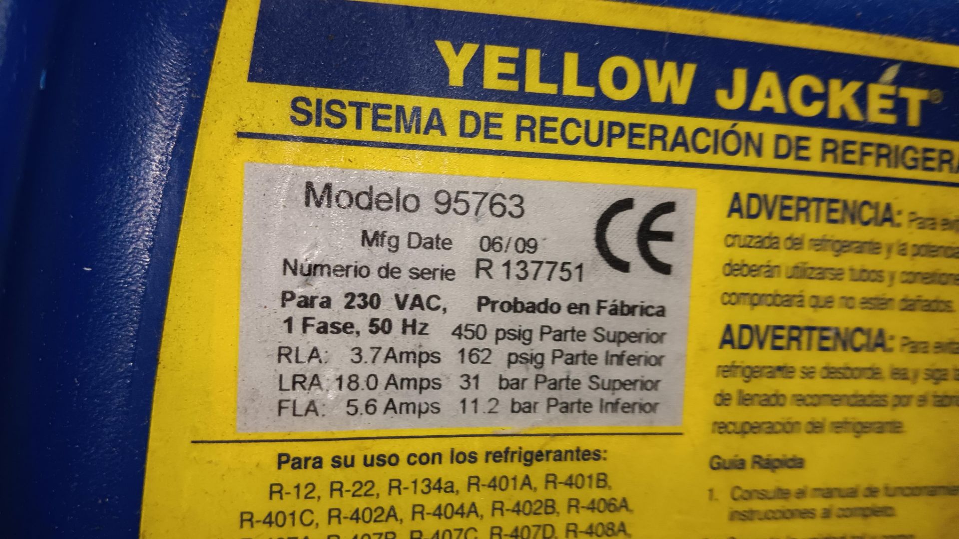 Yellow Jacket 95763 Refrigerant Recovery Unit, Serial Number R137751, without power lead - Image 2 of 2
