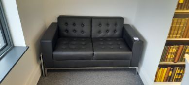 Florence Knoll Inspired Faux Black Leather 2-Seat Sofa with Chrome Legs and Under Frame (Located