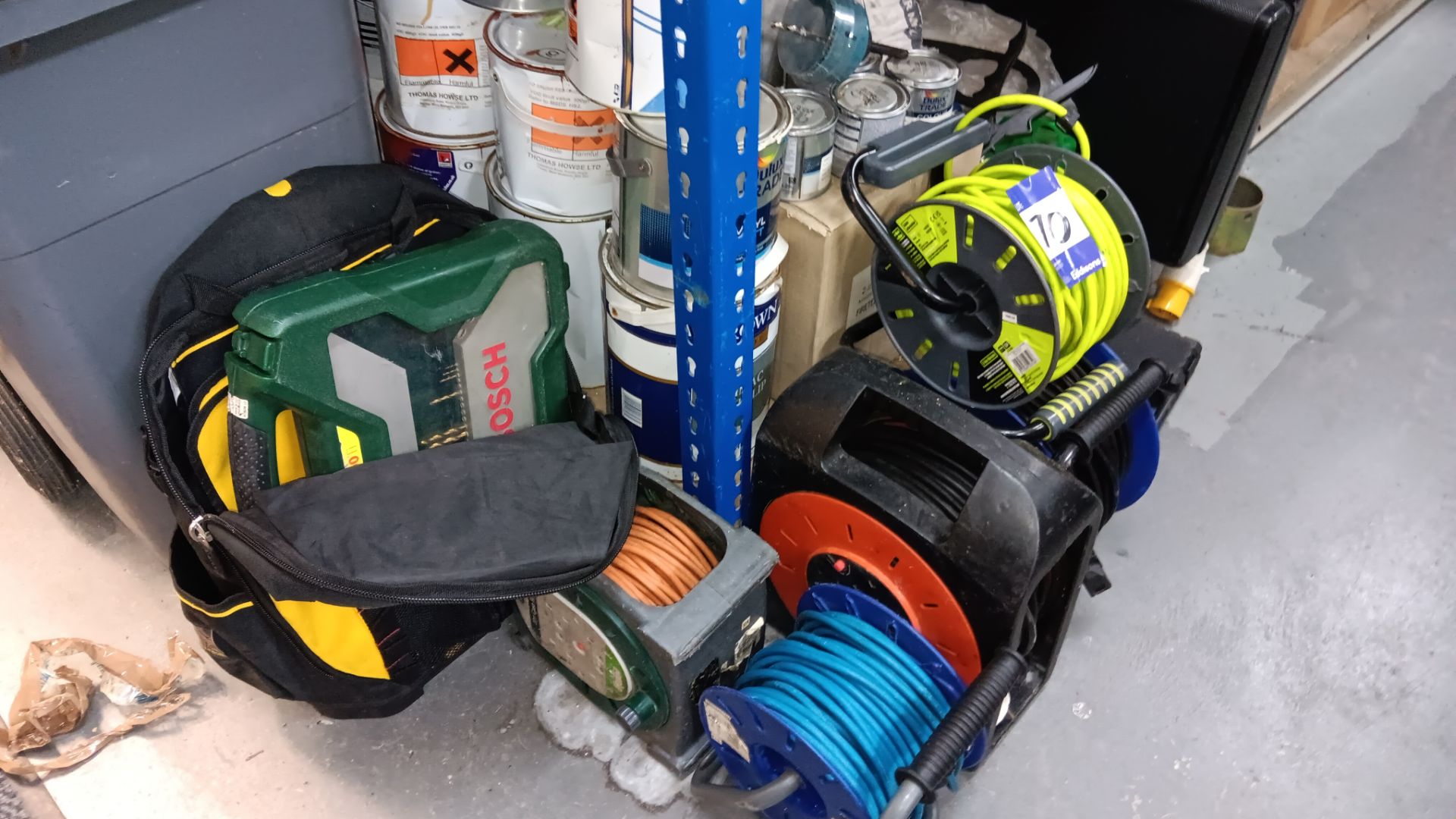 Contents of shelf to include 3 phase transformers, extension reels, part used paints, Stanley tool - Image 4 of 4