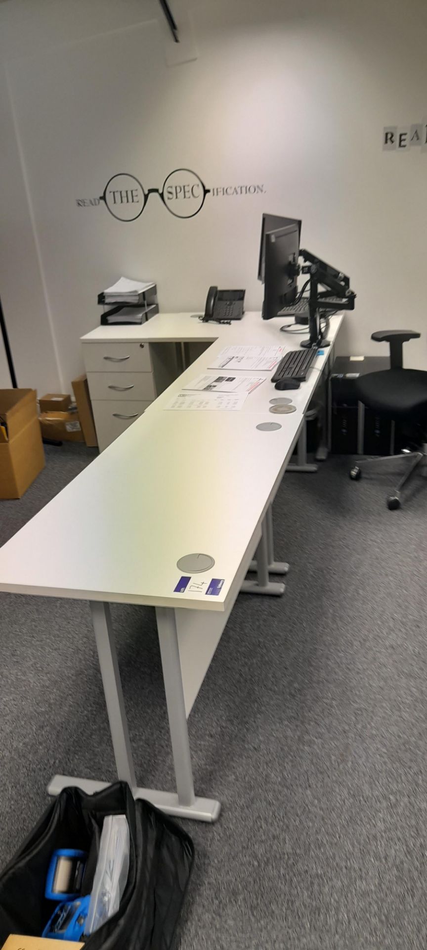 3 x White Melamine Cantilever Workstations with 1 x Matching 3-drawer Pedestal (excludes monitor - Image 2 of 3