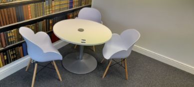 Reunion Round Boardroom Table 1,000mm on Silver Pedestal Base with 3 x Charles Eames Replica Style