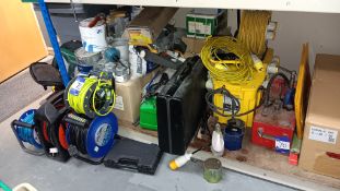 Contents of shelf to include 3 phase transformers, extension reels, part used paints, Stanley tool