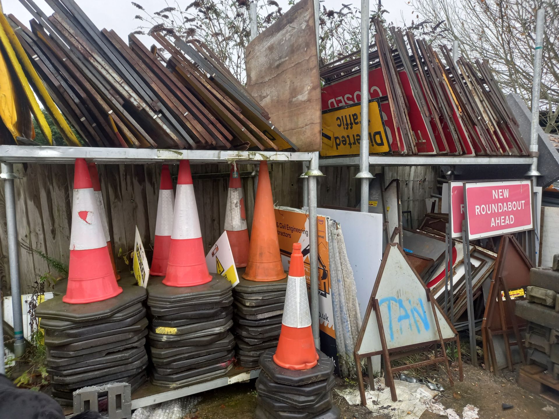 4x Stillages of Metal Framed Road Signs & Large Road Cones