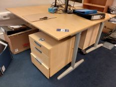 2 x Light Beech effect desks, 2 x 3 drawer pedestals and 5 shelf bookcase Location Bradford