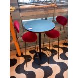 Bar table & 2 red velour upholstered bar stools