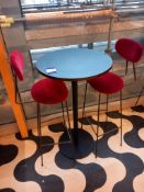 Bar table & 2 red velour upholstered bar stools