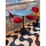 Bar table & 2 red velour upholstered bar stools