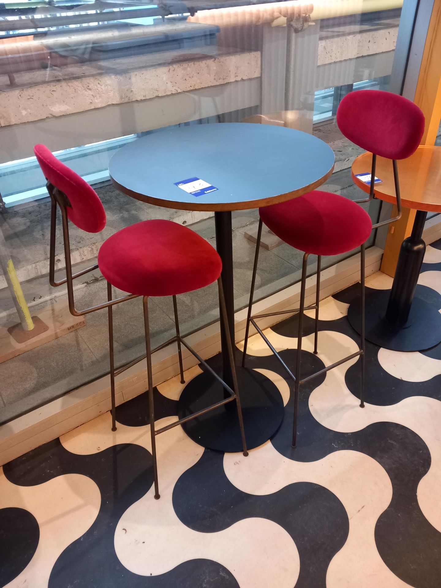 Bar table & 2 red velour upholstered bar stools