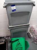 3 Rubbermaid plastic bins & mop bucket