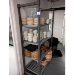 Plastic shelving unit & contents of Churchill crockery