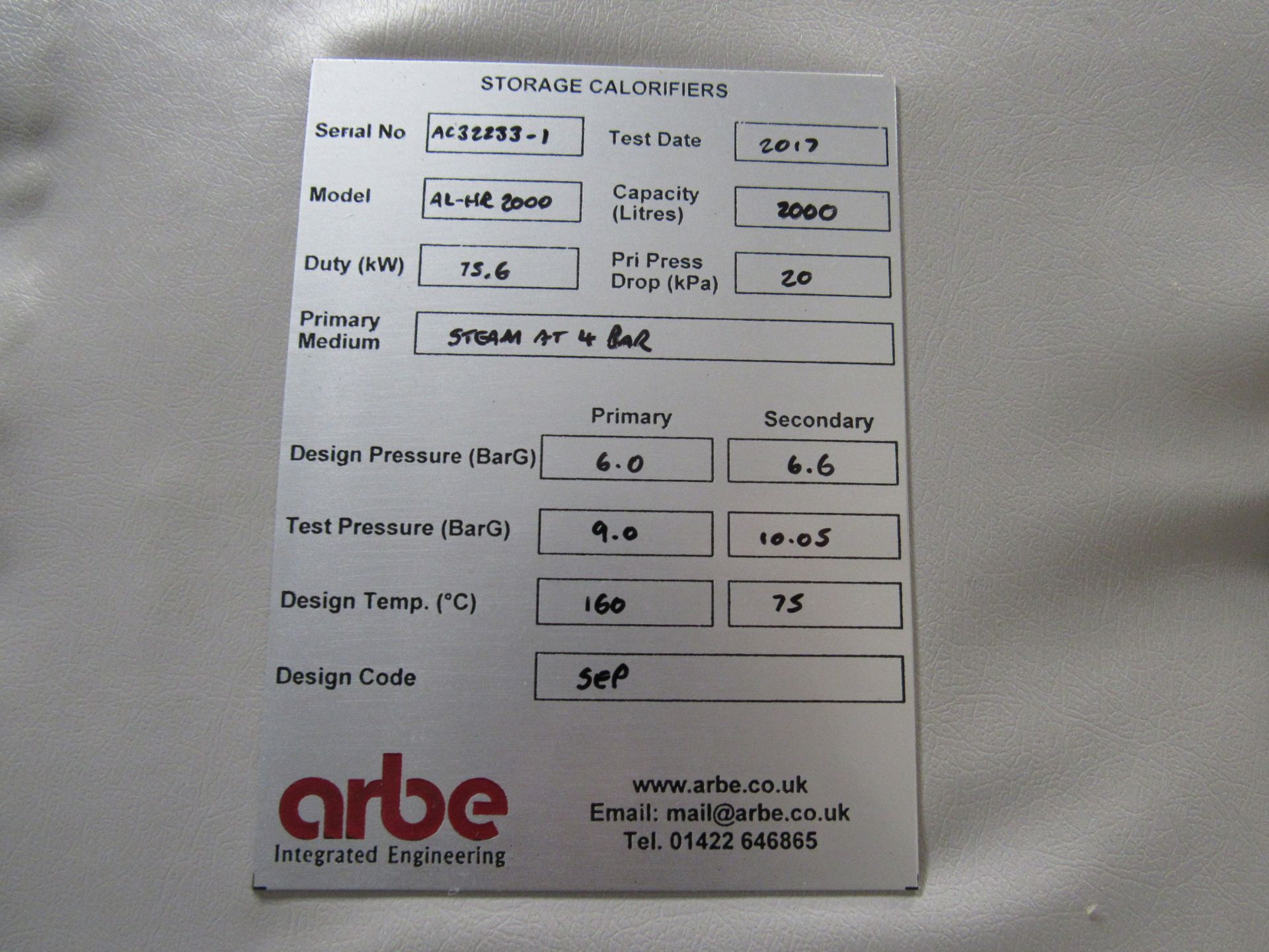 ARBE 2000 litre AL-HR2000 storage calorifier 160 d - Image 4 of 4