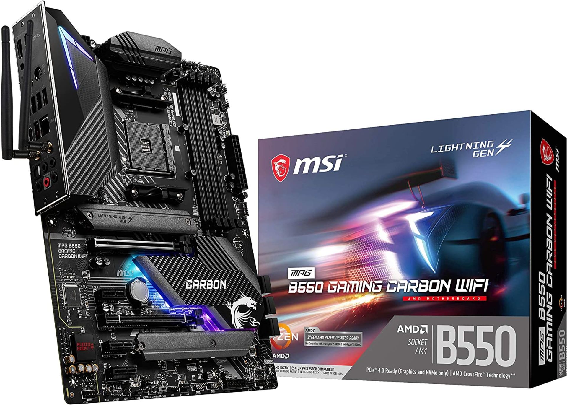 MSI MPG B550 GAMING CARBON Wi-Fi Motherboard ATX, AM4, DDR4, Dual M.2, LAN, 802.11ax Wi-Fi 6 + Bluet