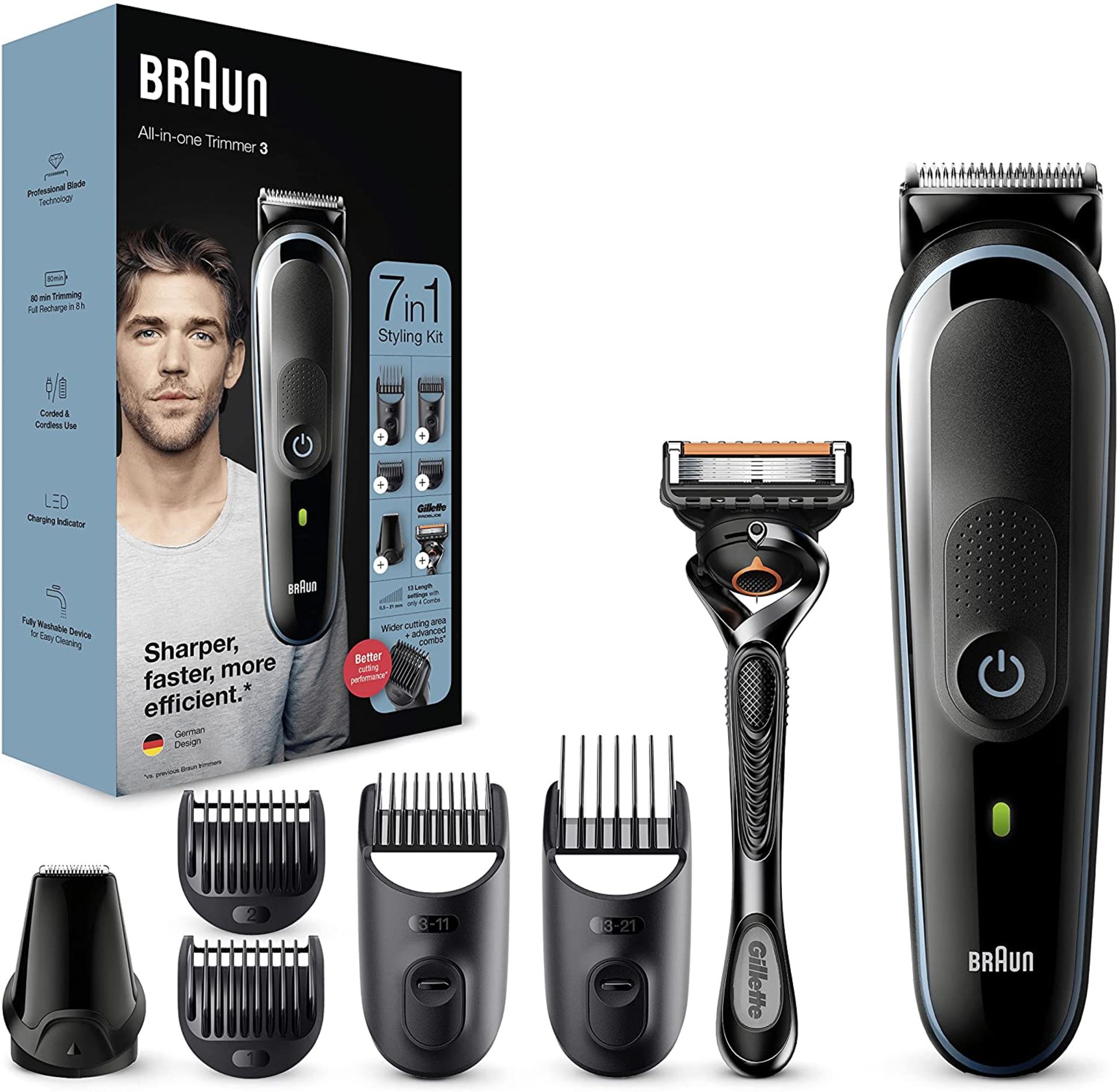 Braun 7-in-1 All-in-one Trimmer 3 MGK3245, Beard Trimmer for Men, Hair Clipper and Face Trimmer with