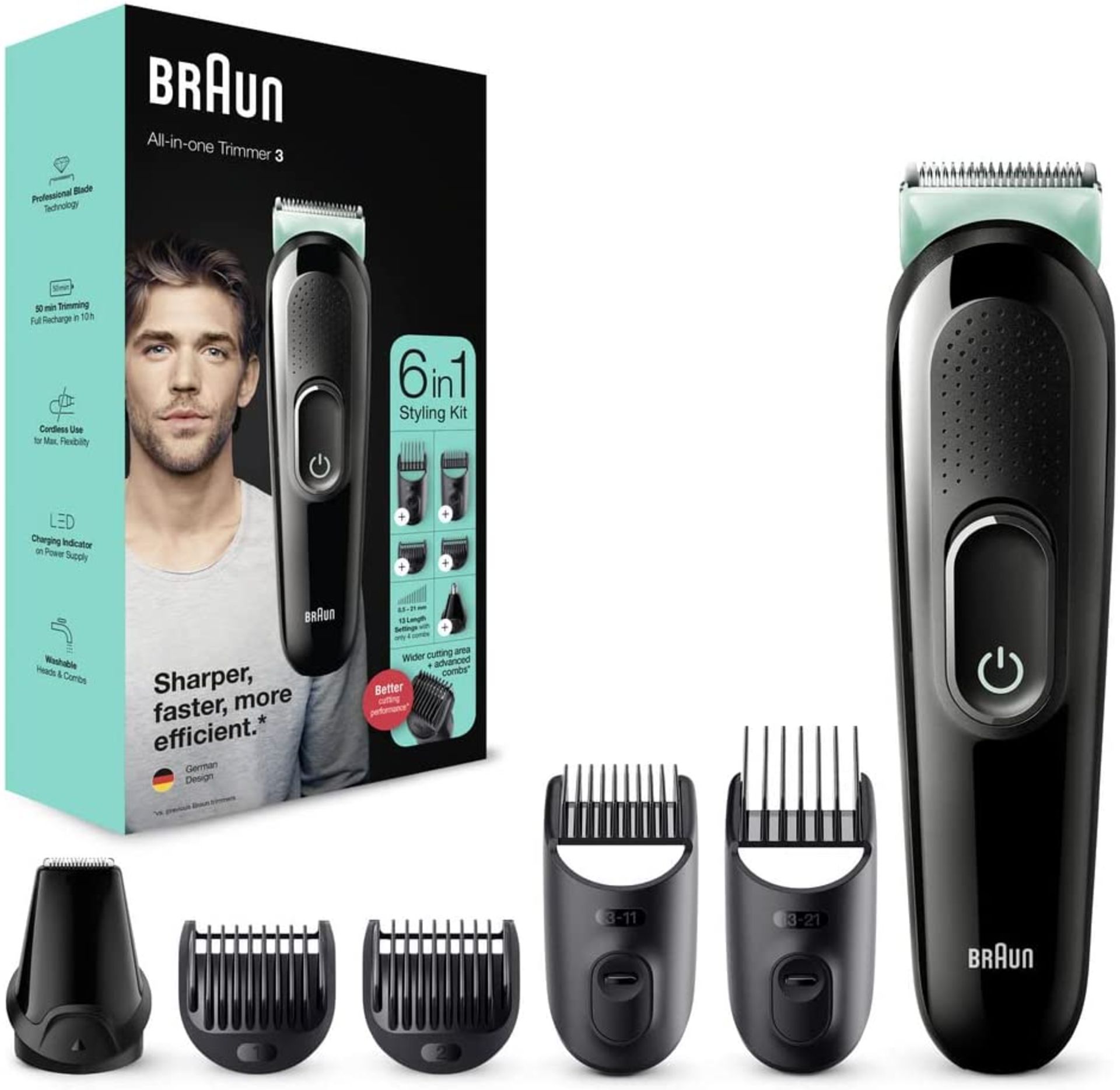 Braun 6-in-1 All-in-one Trimmer 3 MGK3221, Hair Clipper and Beard Trimmer with Lifetime Sharp Blades