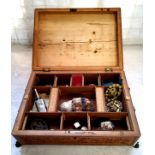 A sandalwood work box with contents, including a blue John specimen, Blue John pendant cabochon,