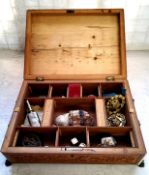 A sandalwood work box with contents, including a blue John specimen, Blue John pendant cabochon,